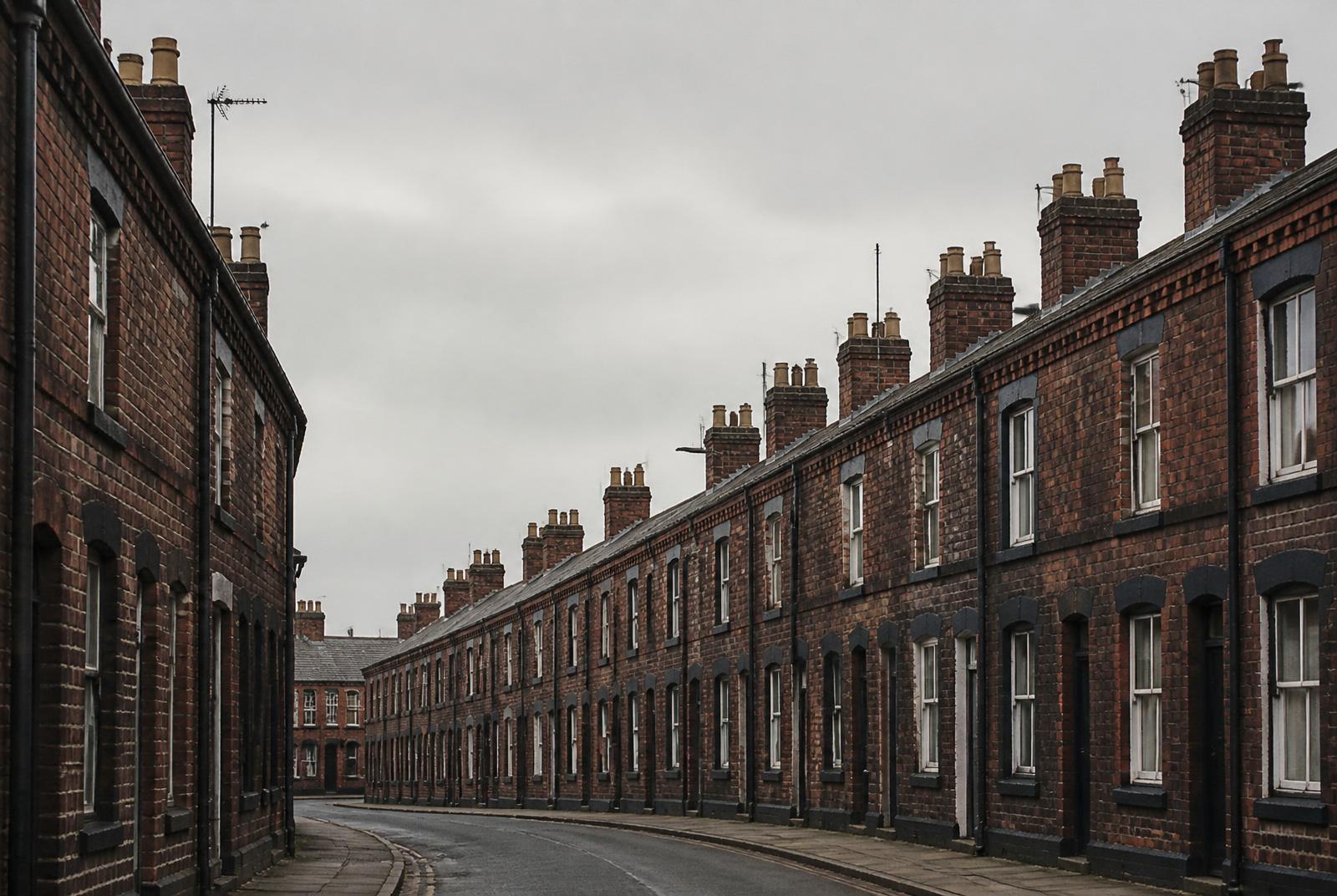 Victorian red brick terraced street in Preston under overcast northern light