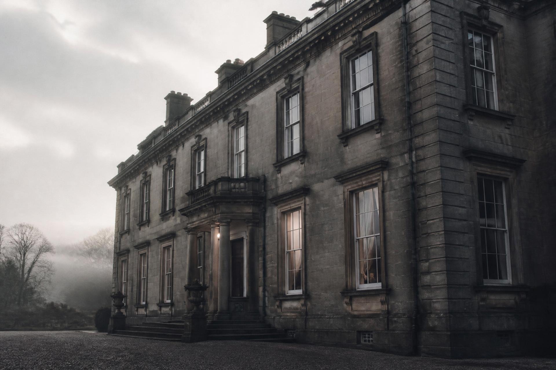 Georgian stone facade with sash windows in early morning mist